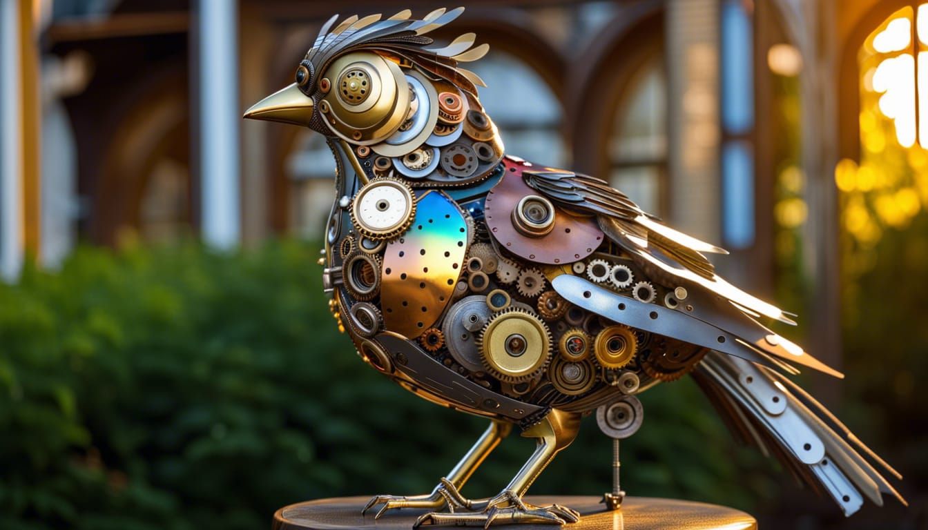 Steampunk Bird Statue Made of Recycled Metal