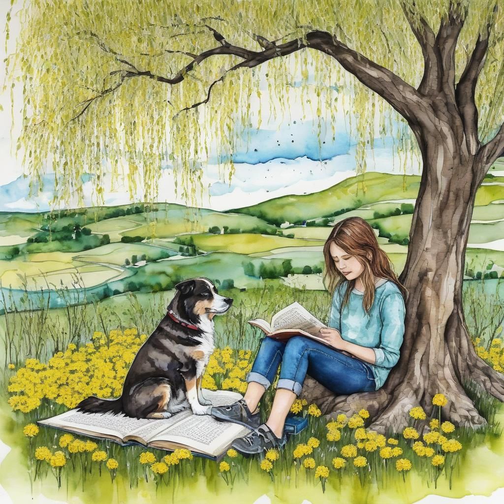 Girl and Dog Reading Under Willow Tree, Alcohol Ink