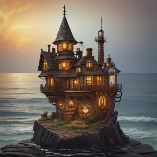 Steampunk Dreamhouse on Rocky Coastline