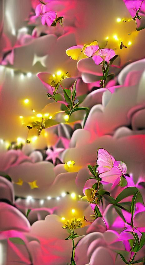 Pink Flowers Among Stars: Psychedelic Digital Art