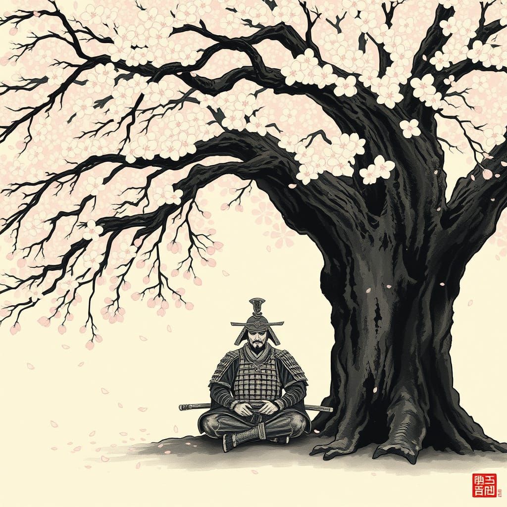 Kenyan Samurai Meditating Under Cherry Blossom Tree