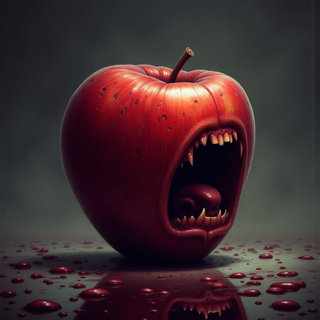 Macabre Red Apple with Teeth in Surrealist Style
