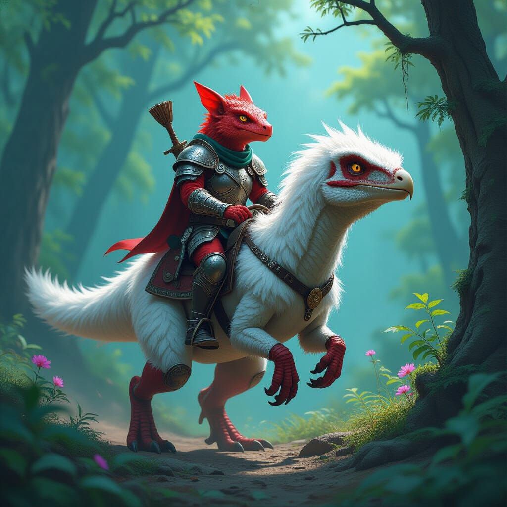 Red Kobold Rides Fluffy Velociraptor Through Mystical Forest