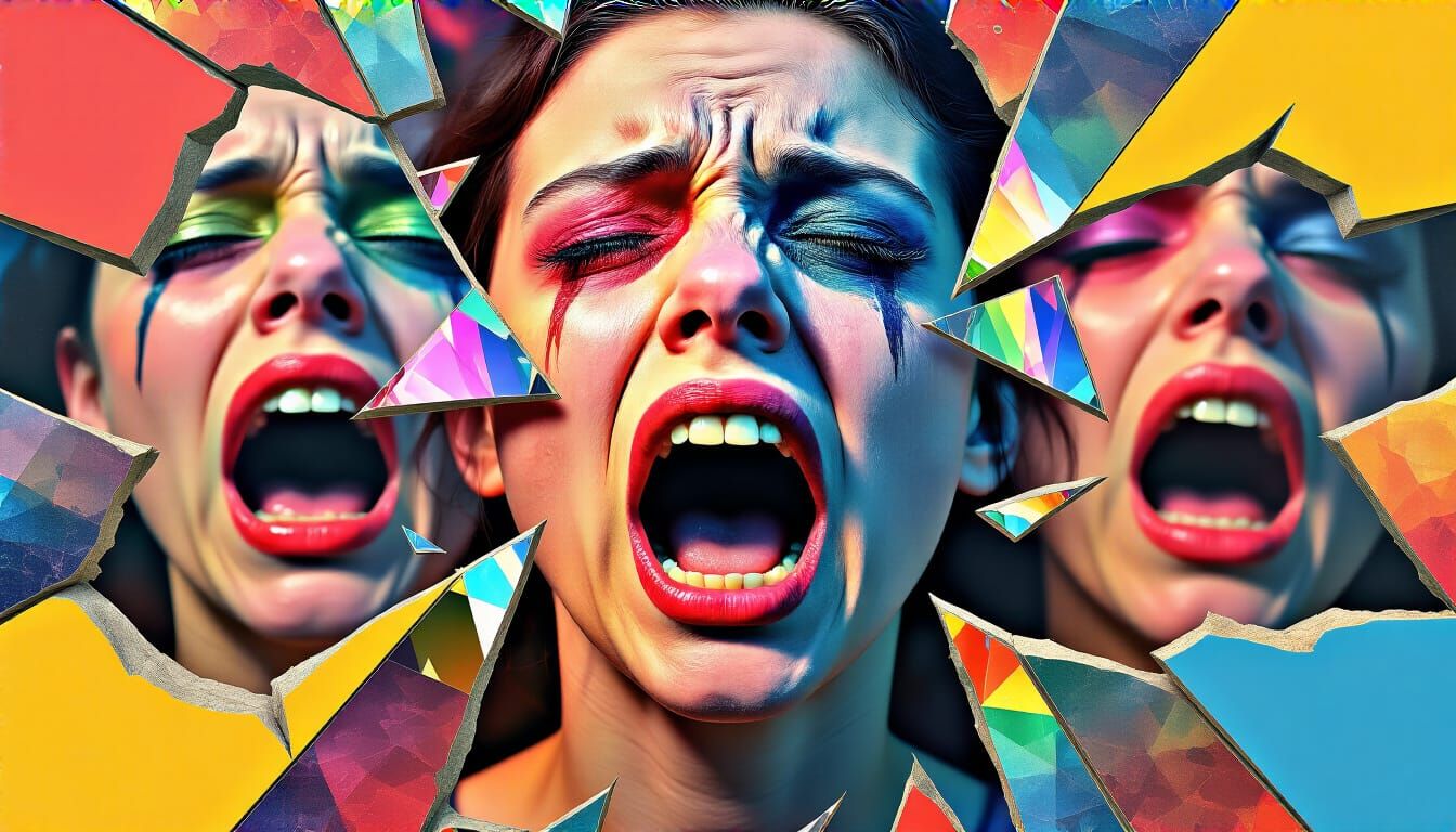 Fragmented Screaming Faces in Multicoloured Nightmare Collag...