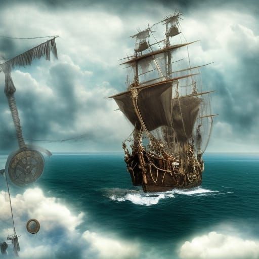 Pirate Ship Soaring Through the Sky