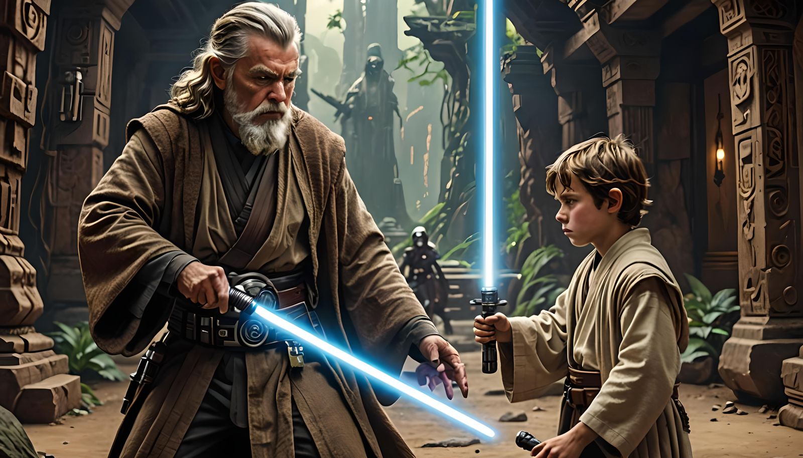 Jedi Master and Apprentice Practicing the Force