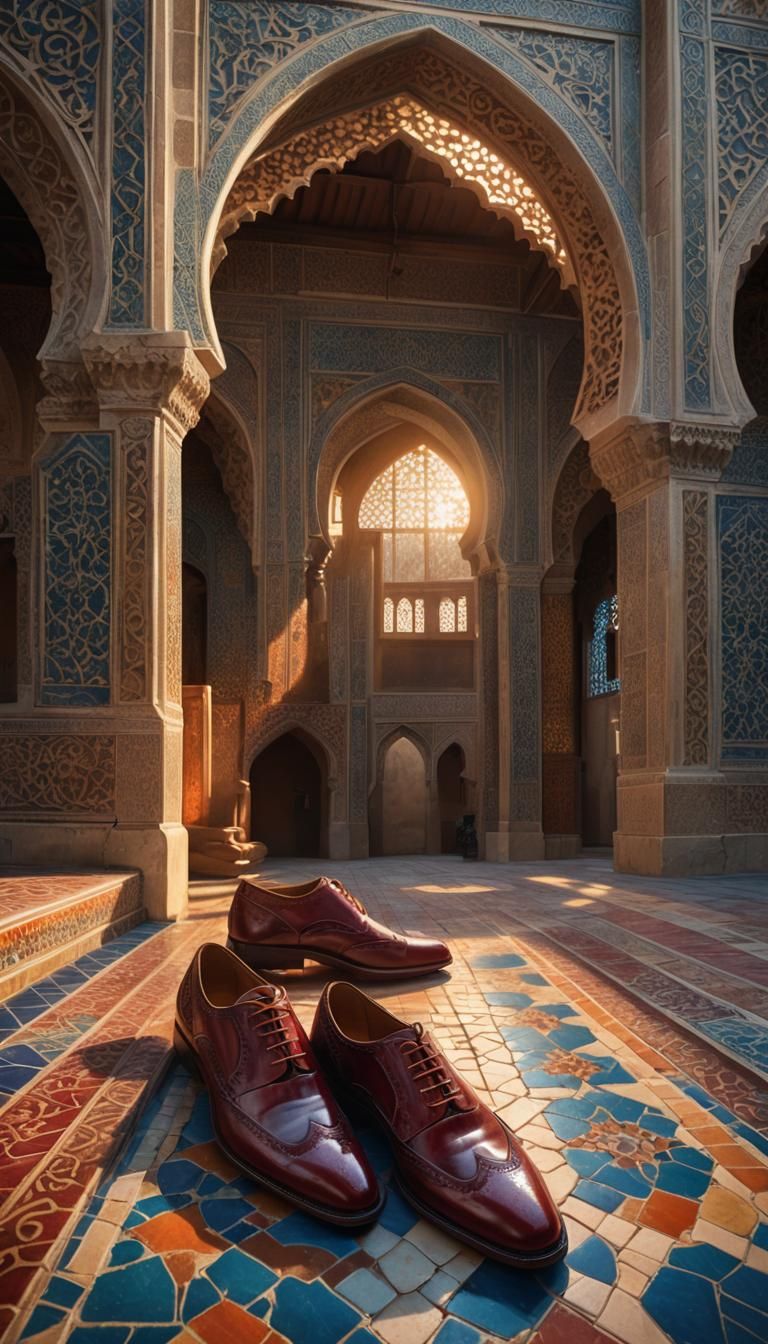 Worn Leather Shoes in Old Mosque: Detailed Concept Art