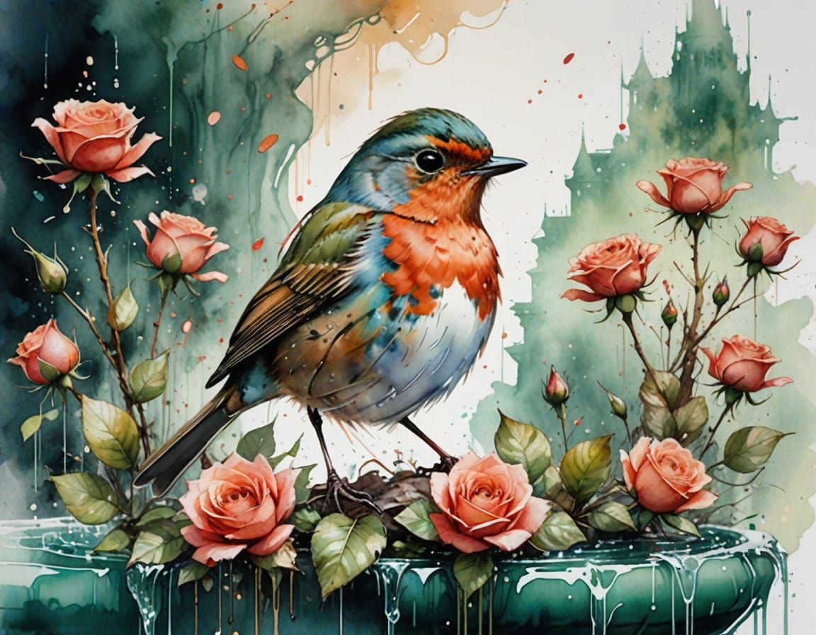 Ruby Robin at Enchanted Fountain, Watercolor Style