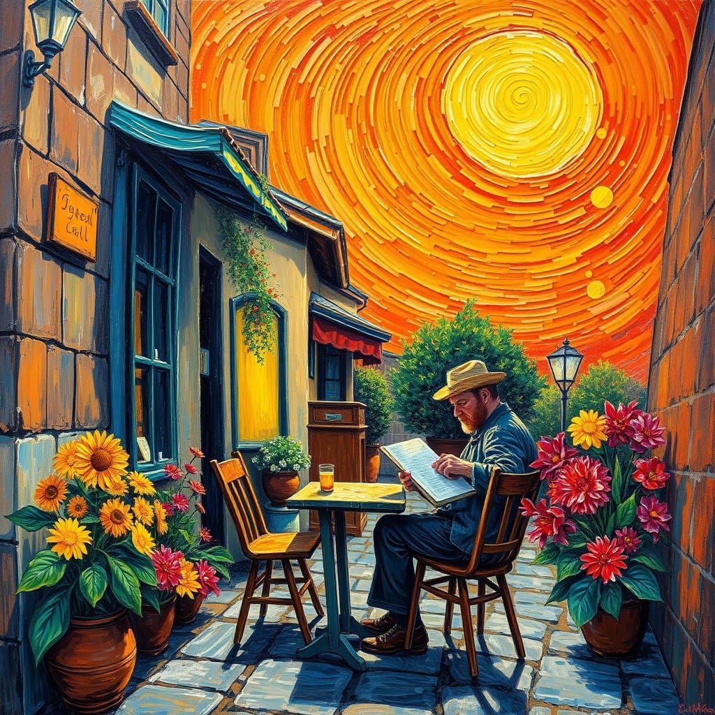 Whimsical Nighttime Café Scene in Vibrant Impasto