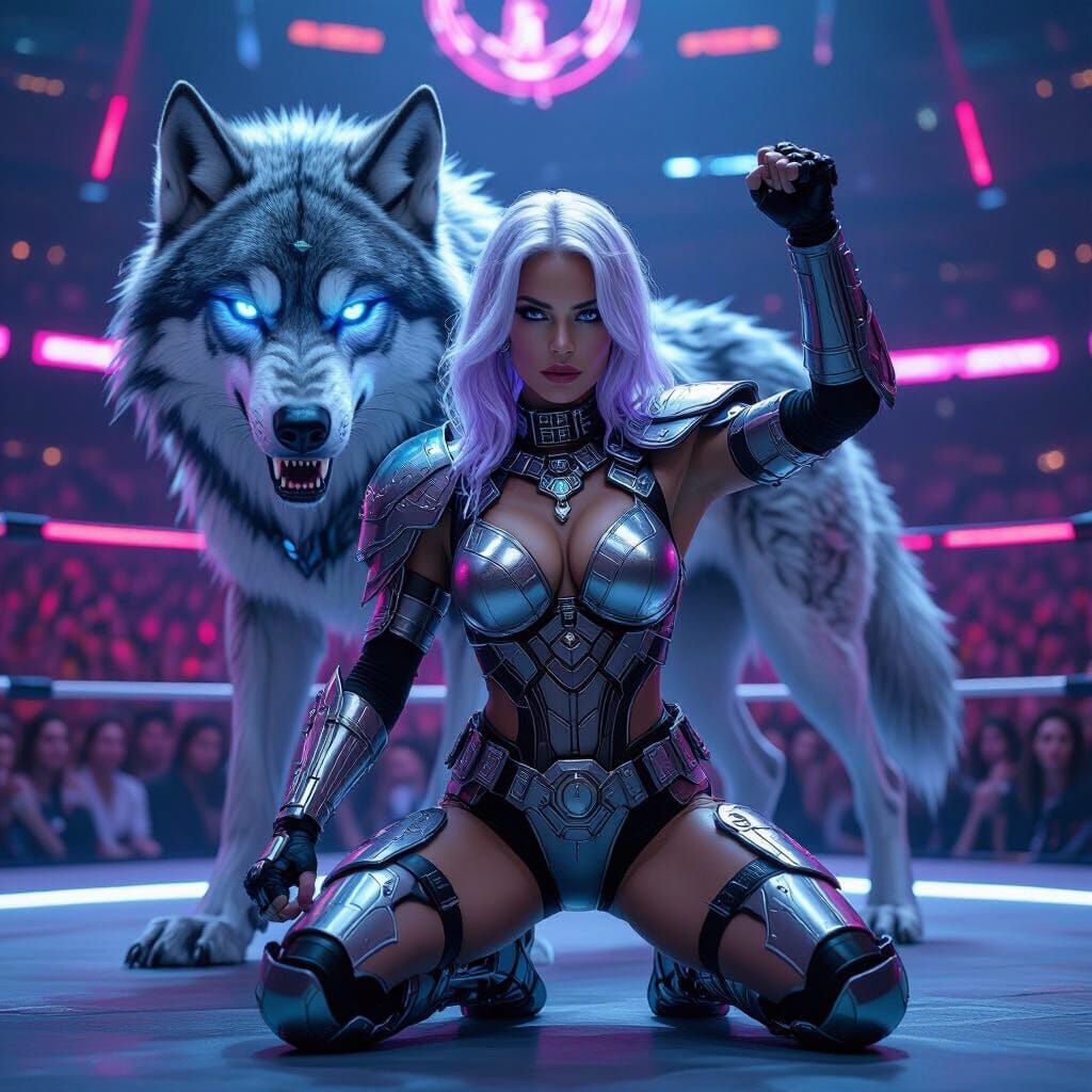 Cyberpunk Wrestler with Cybernetic Wolf in Arena