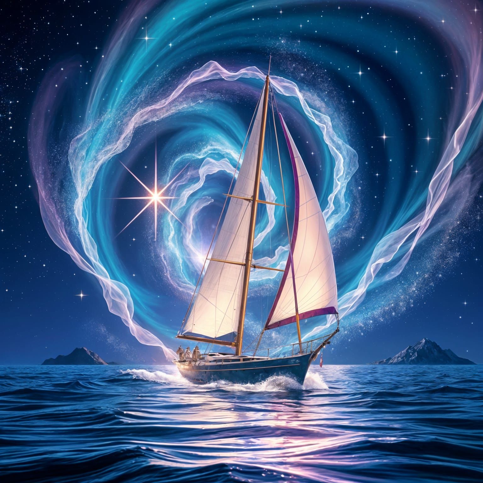 Cosmic Sailboat: Holographic Illustration in Astral Style
