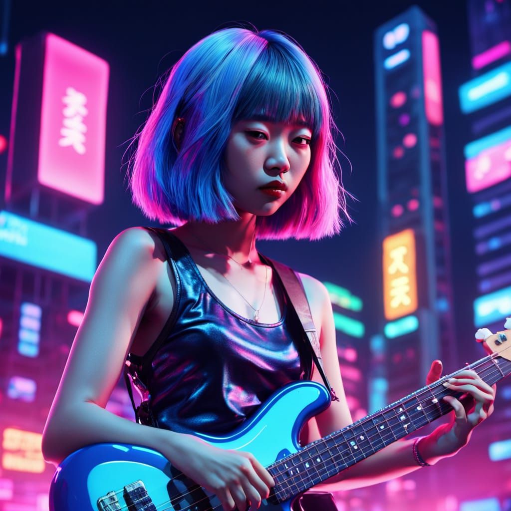 City Pop Bassist in Neon Japanese Cityscape