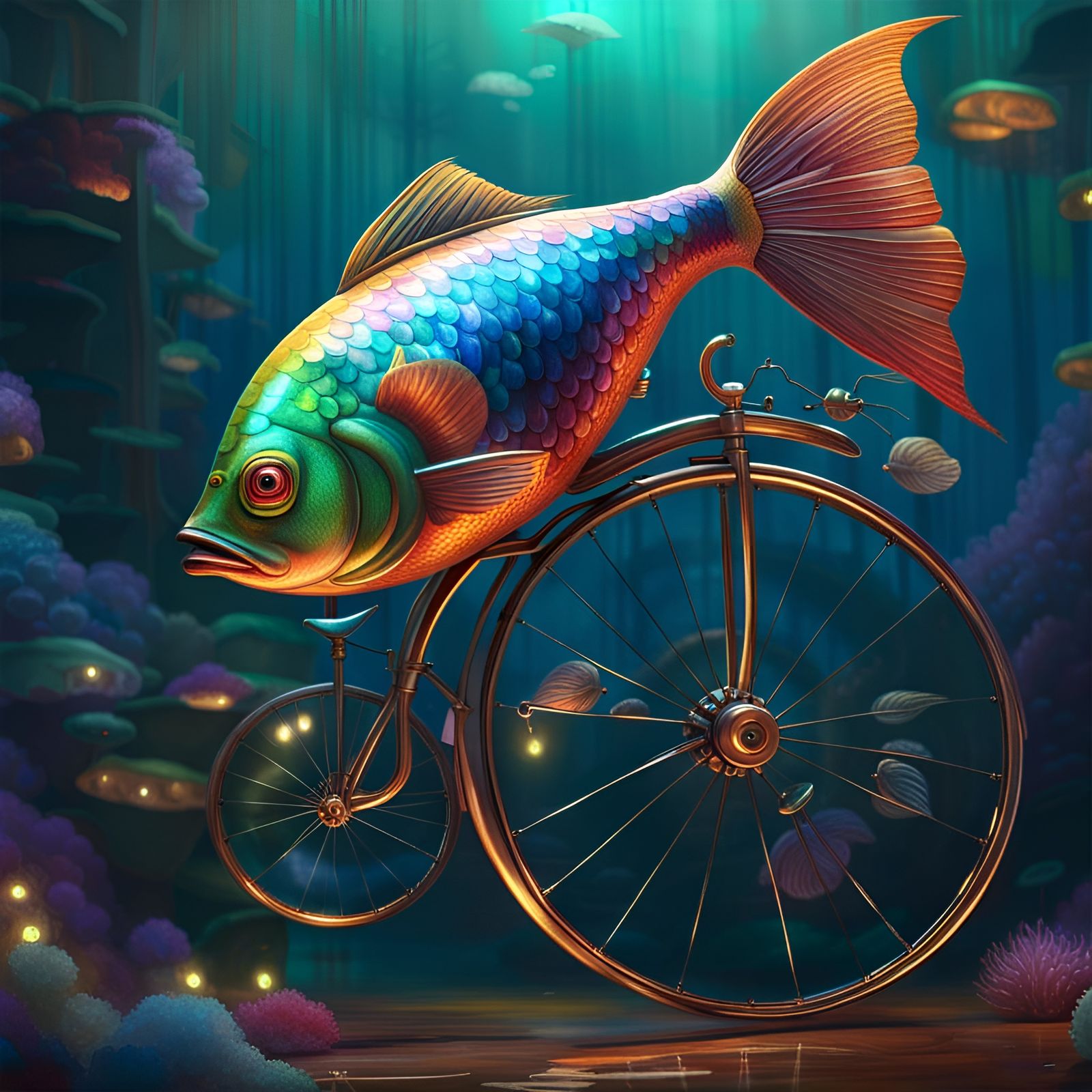Iridescent fish riding a penny farthing bicycle, a whimsical...