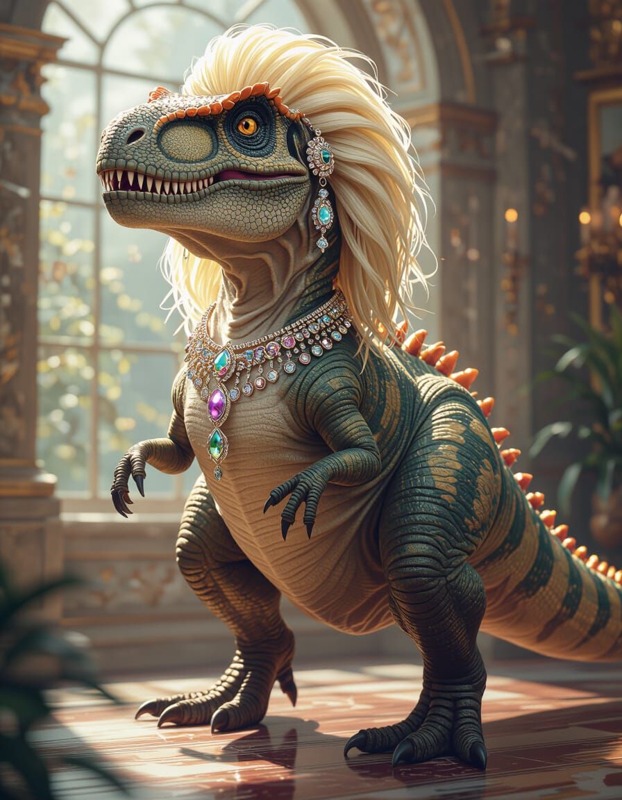 T Rex in Blonde Wig: Digital Art Portrait