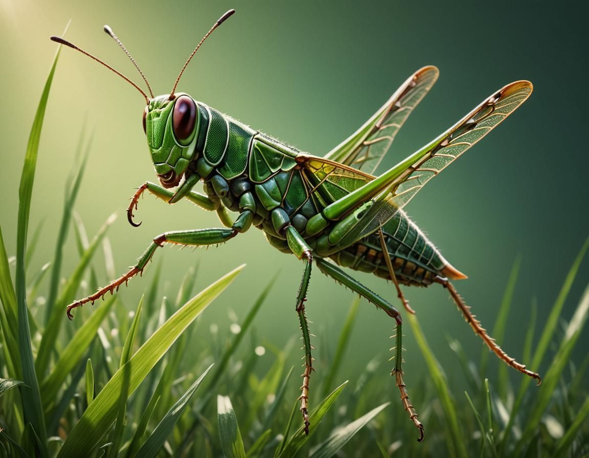 Green Grasshopper Leaping in Macro Photography