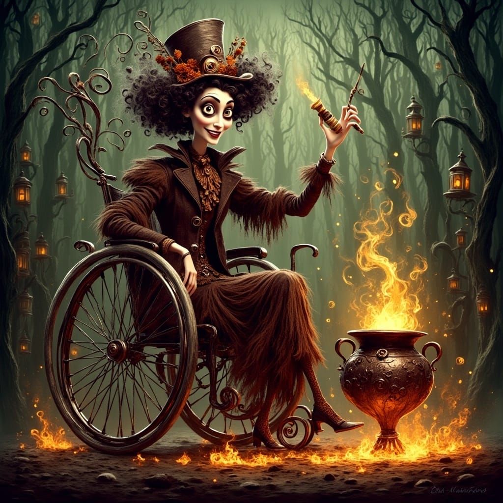 A beautiful brunette witch with glasses sitting in a wheelchair And casting a spell with a magic wand over a bubbling an...