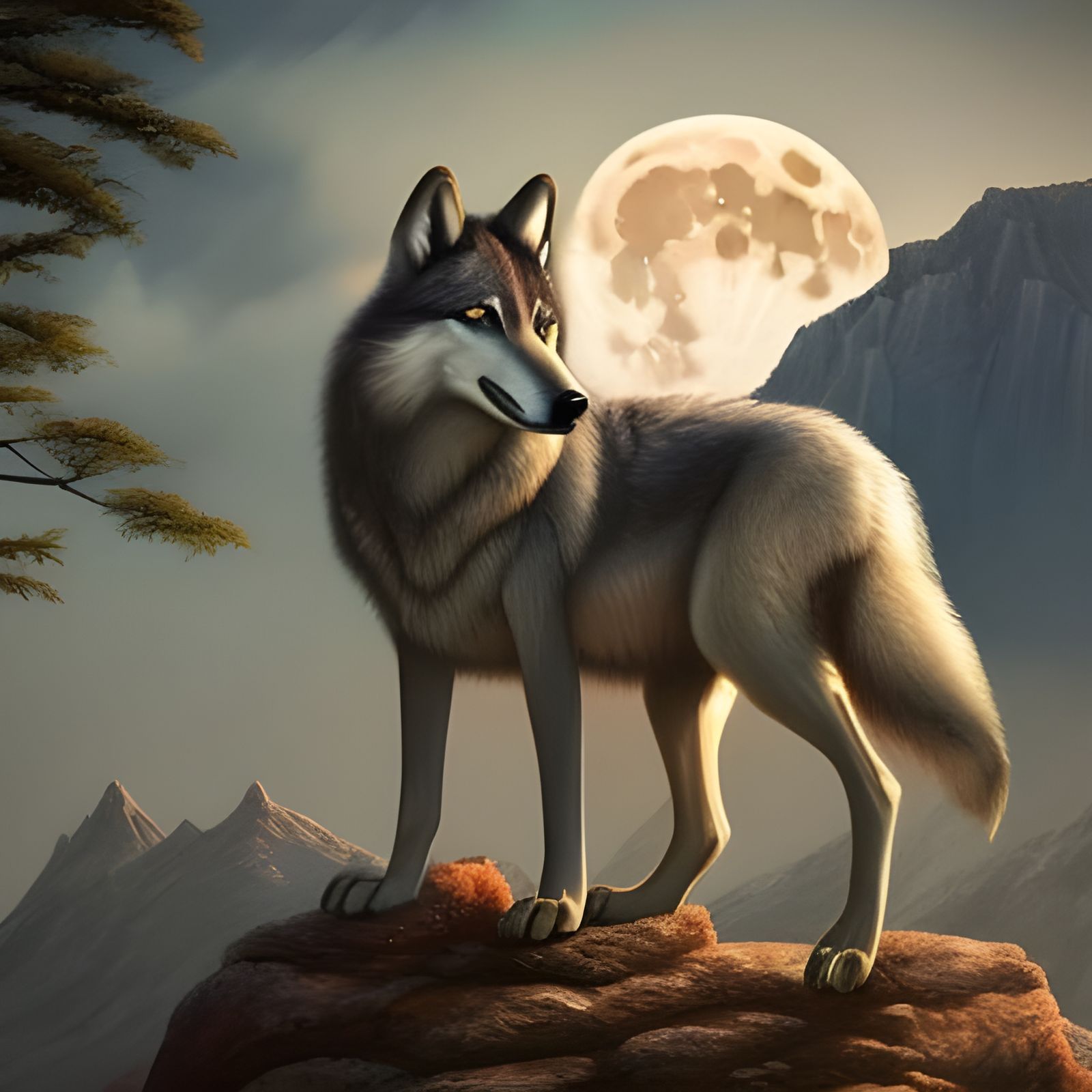 Realistic Wolf on Mountain with Moon, Digital Painting
