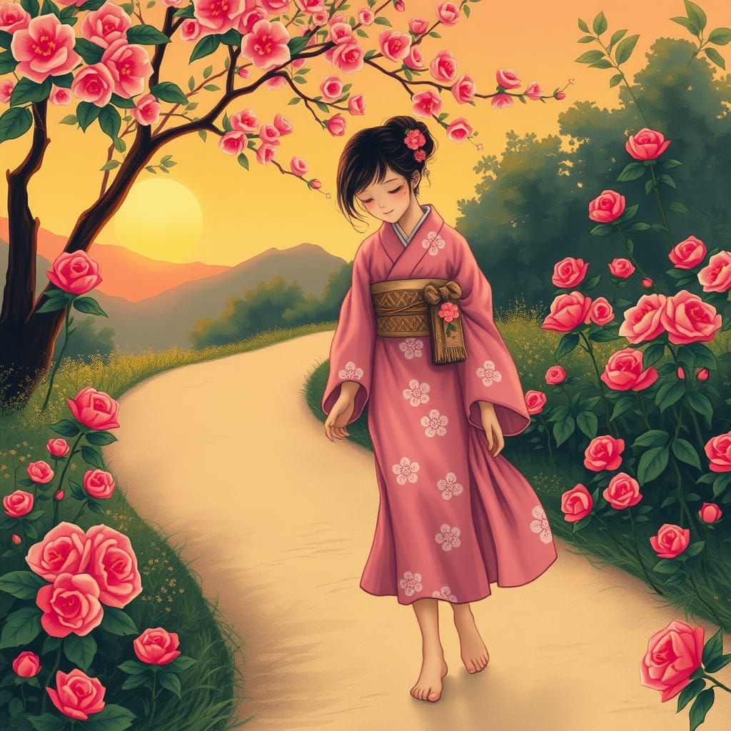 Japanese Girl Picking Roses in Ukiyo-e Style