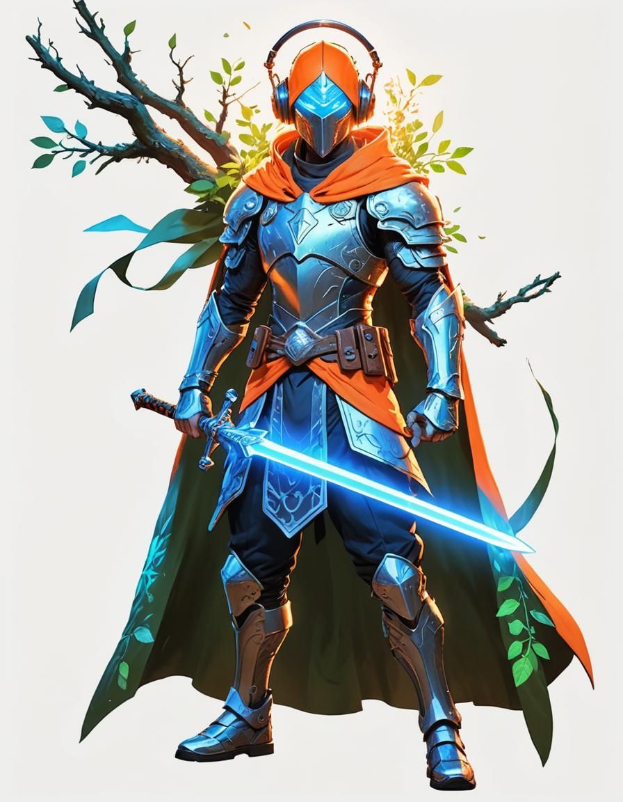 Glowing Swordsman with Headphones in Neon Forest