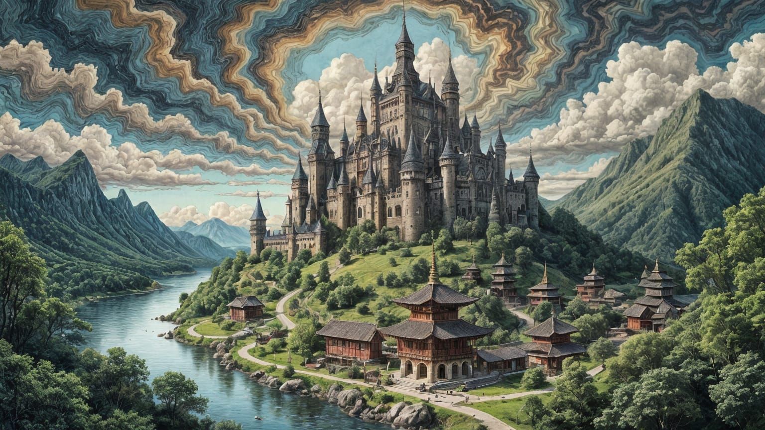 Vibrant Castle Scene in Whimsical Pen and Ink Style