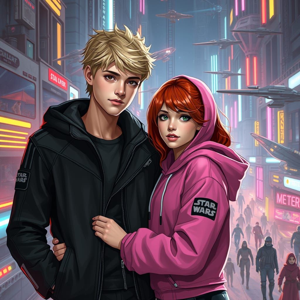 Teenage Couple Embrace in Sci-Fi Cyberpunk City