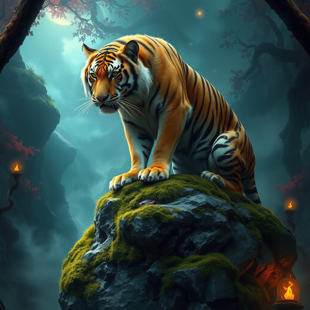 Majestic Tiger Amidst Whimsical Landscape