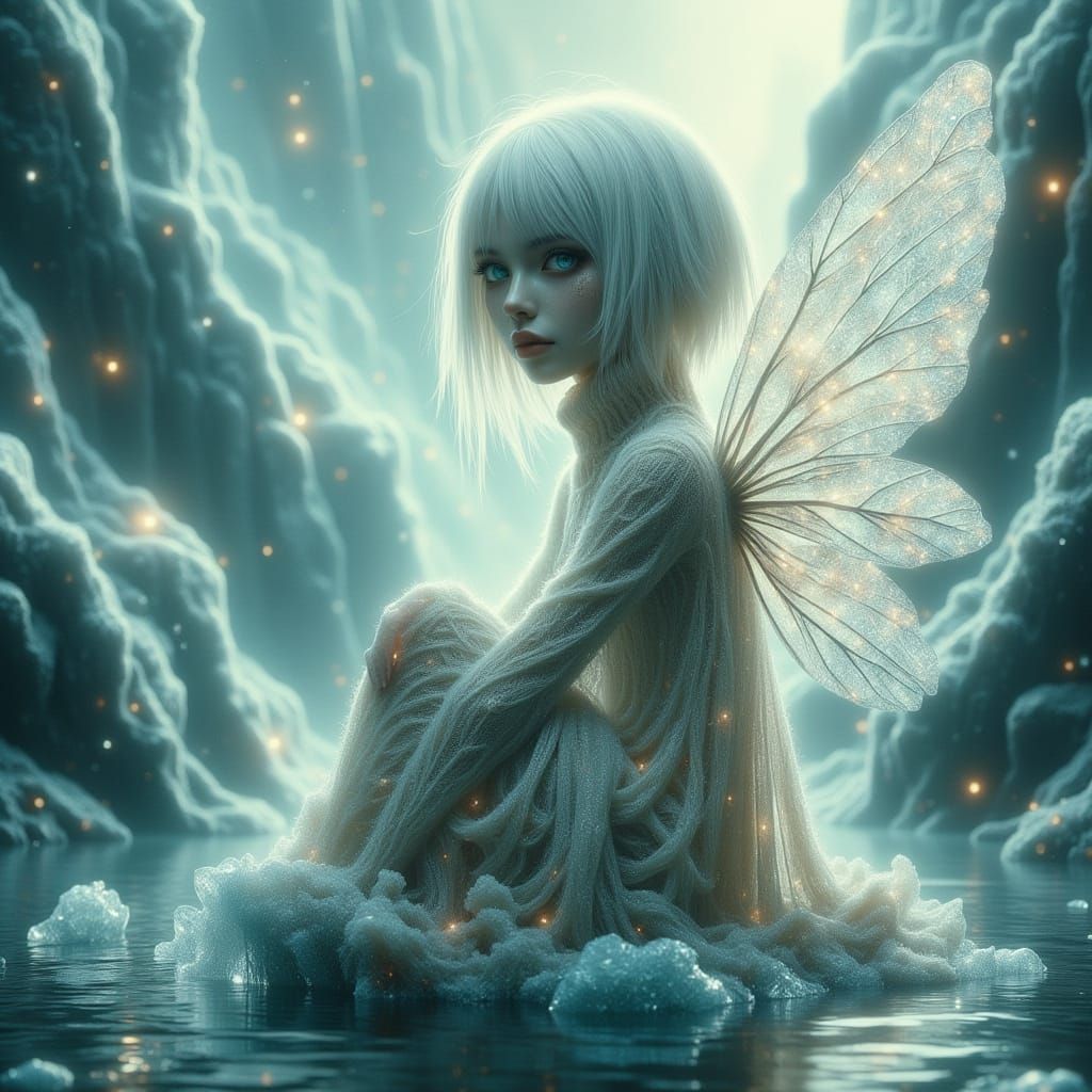 Ethereal Albino Fairy on Iceberg in Digital Painting Style