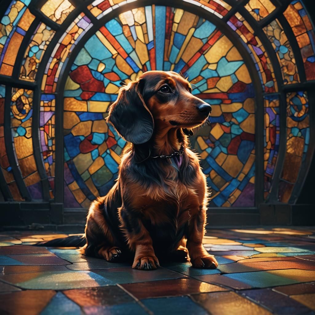 Dachshund in Stained Glass Window, Cinematic Film Still