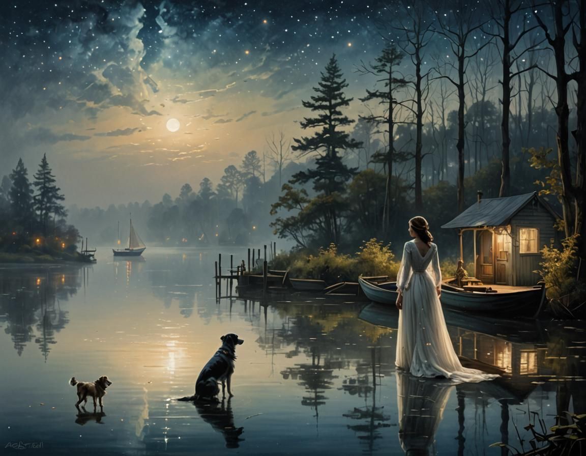 Ethereal Fantasy Woman Walks Bayou at Night