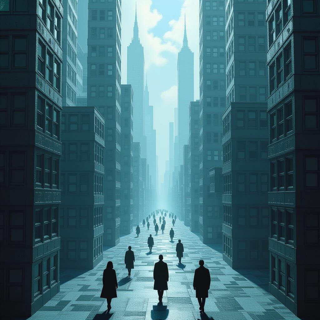 Surrealist Cityscape of Caged Human Figures