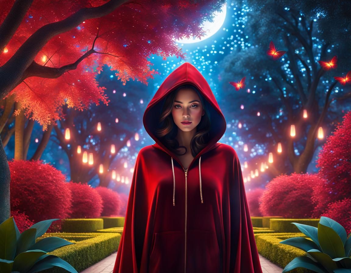 Mysterious Cloaked Figure in Royal Garden at Night