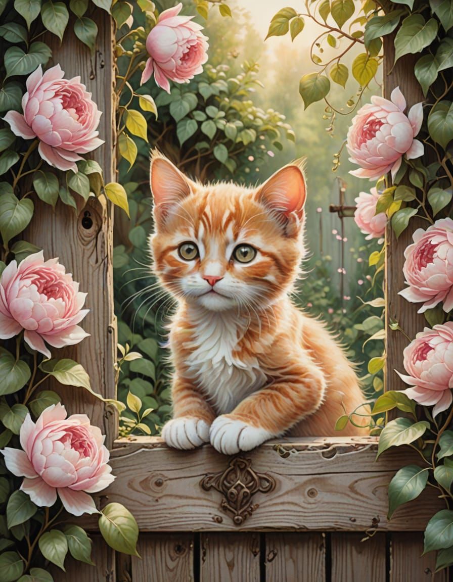 Ginger Kitten in Enchanted Garden: Watercolor and Oil Painti...