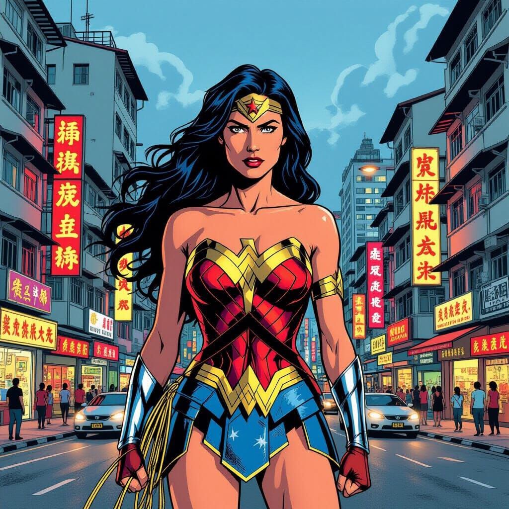Wonder Woman in Ang Mo Kio Streets, Comic Book Style