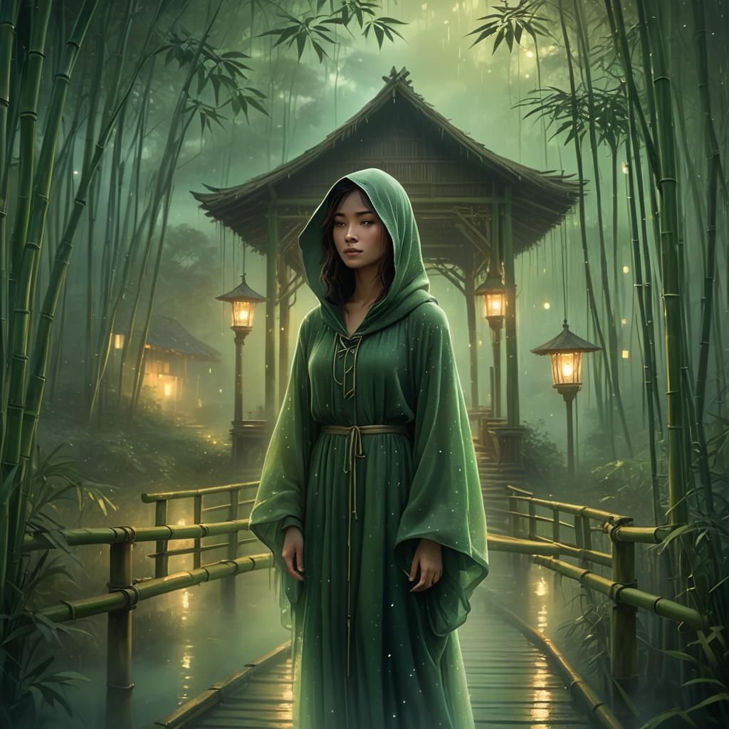 Ethereal Woman in Bamboo Forest at Night