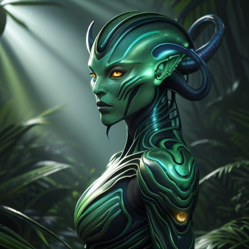 Vibrant Alien Warrior in a Futuristic Jungle Landscape