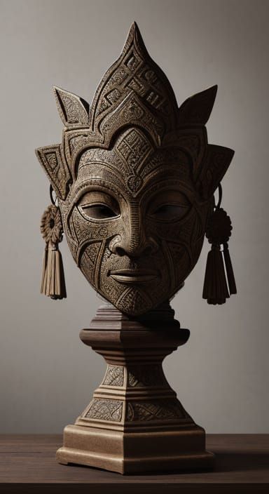 Ornate Ceramic Mask in Dimly Lit Chamber