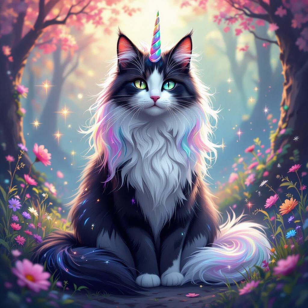 Majestic Unicorn Cat in Dreamy Fantasy Landscape