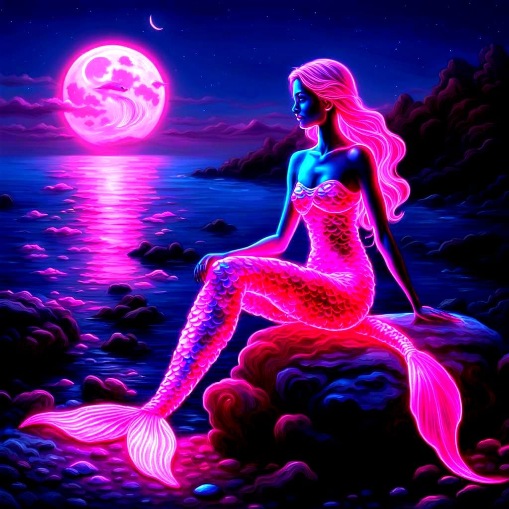 Neon Mermaid on a Rock at Night