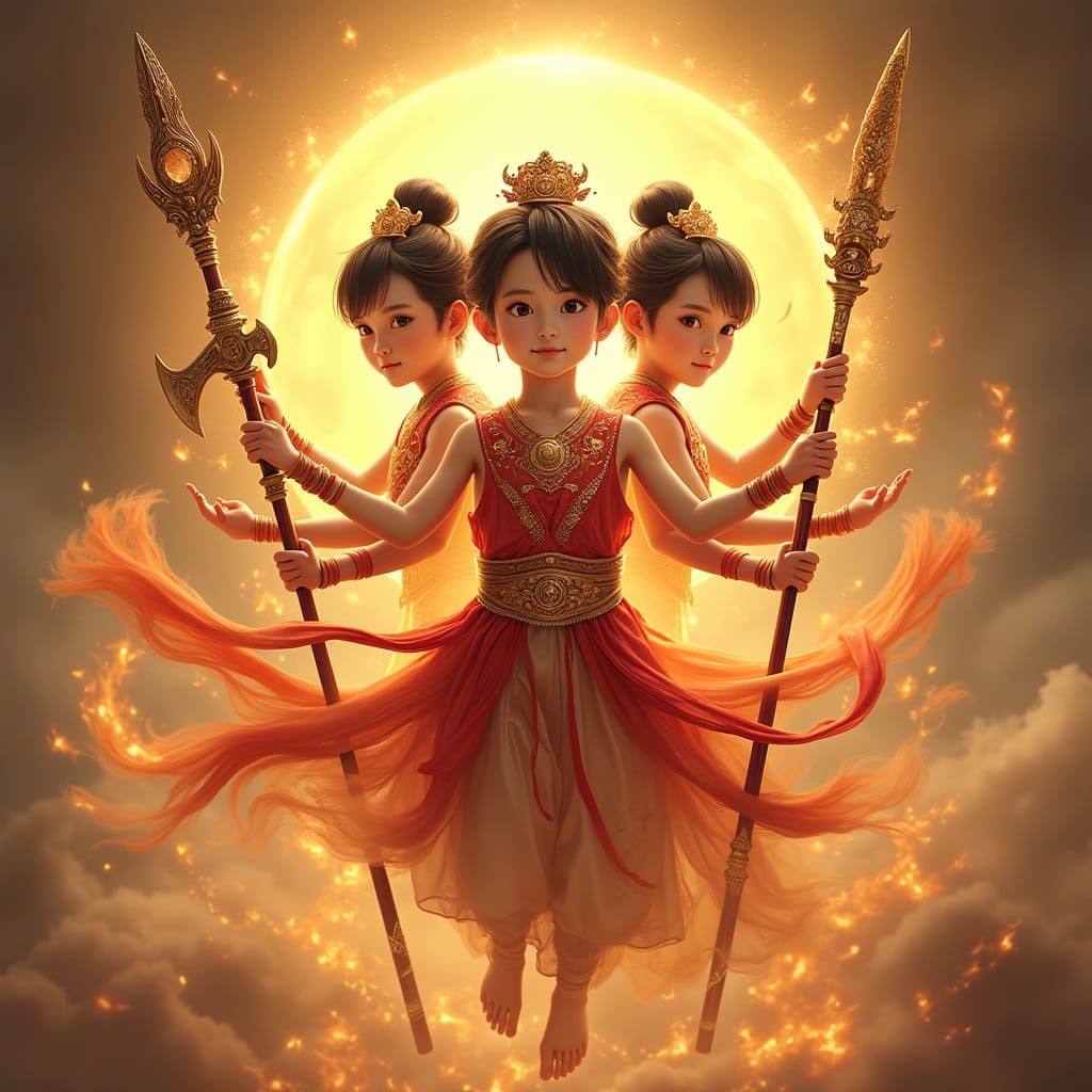 Golden Boy Deity Radiates Confidence with Six Arms and Three...