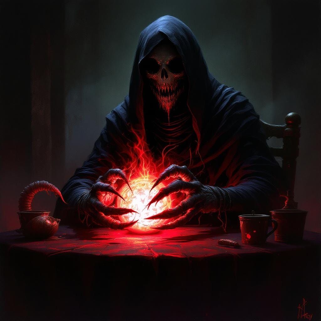 Ghost Fortune Teller with Fiery Aura, Dark Fantasy