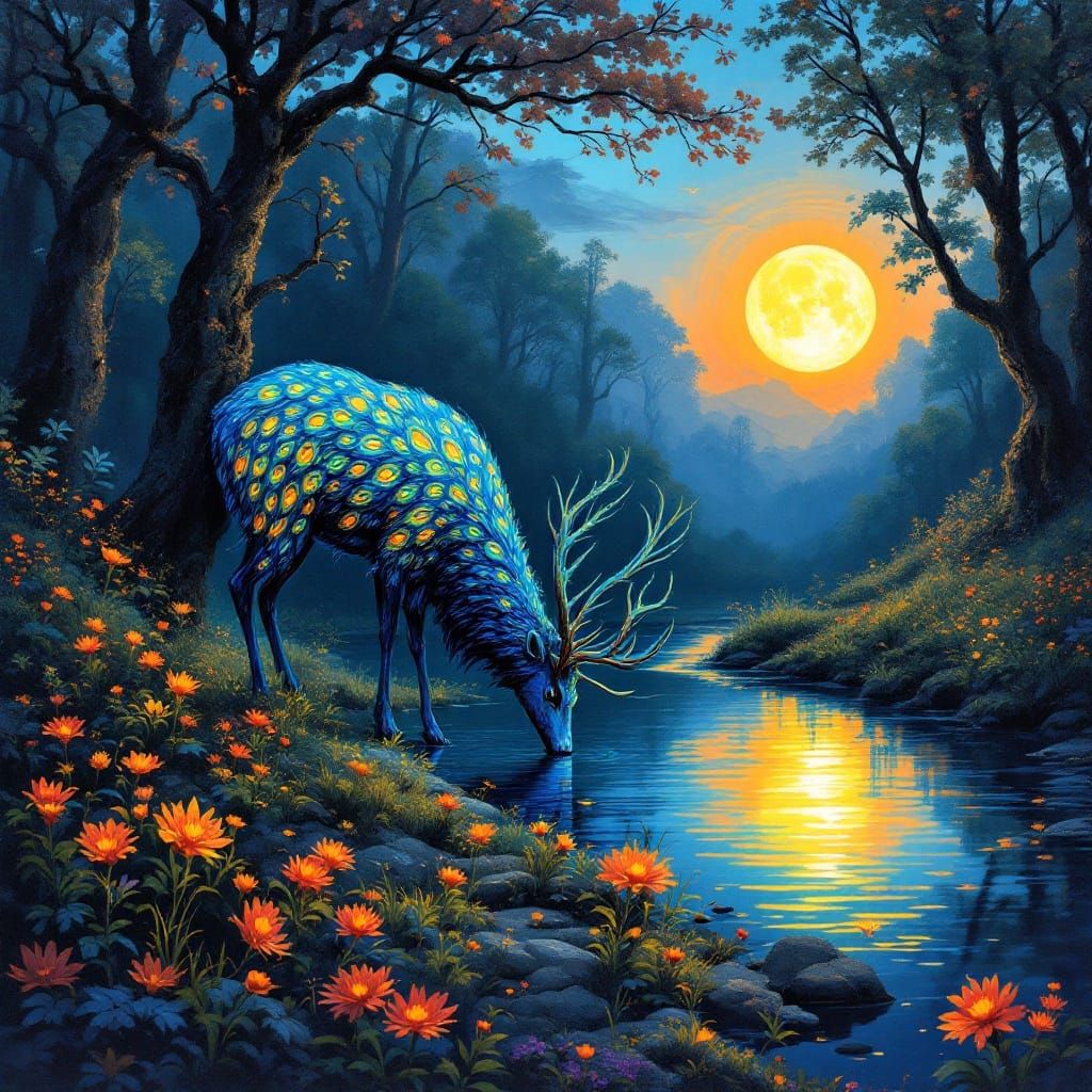 Iridescent Deer in Enchanted Forest Landscape