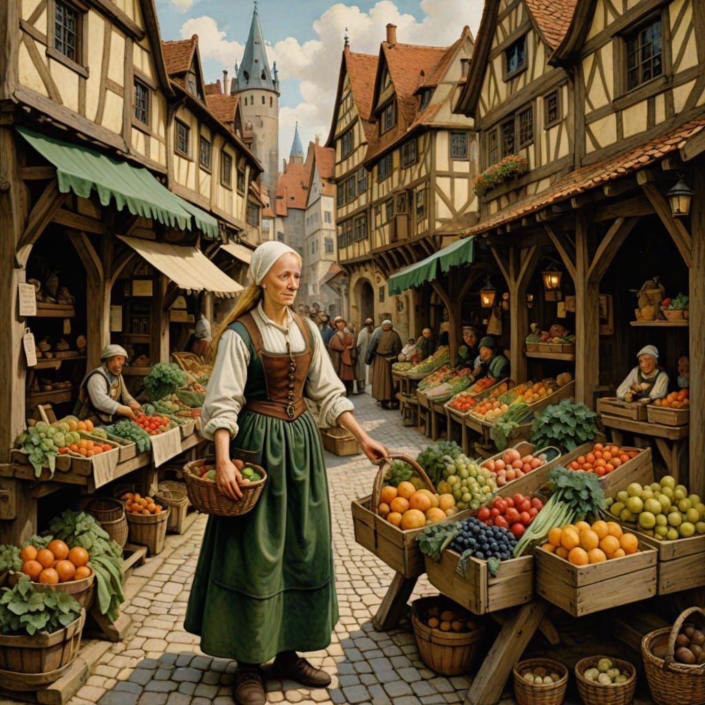Vibrant Medieval Market Scene with a Friendly Fruit Seller