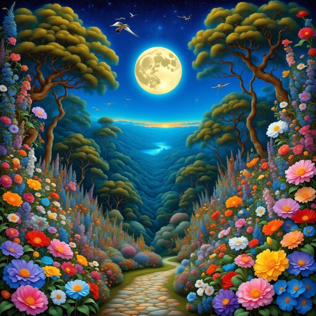 Birds-Eye View of Midnight Garden in Tonalist Style