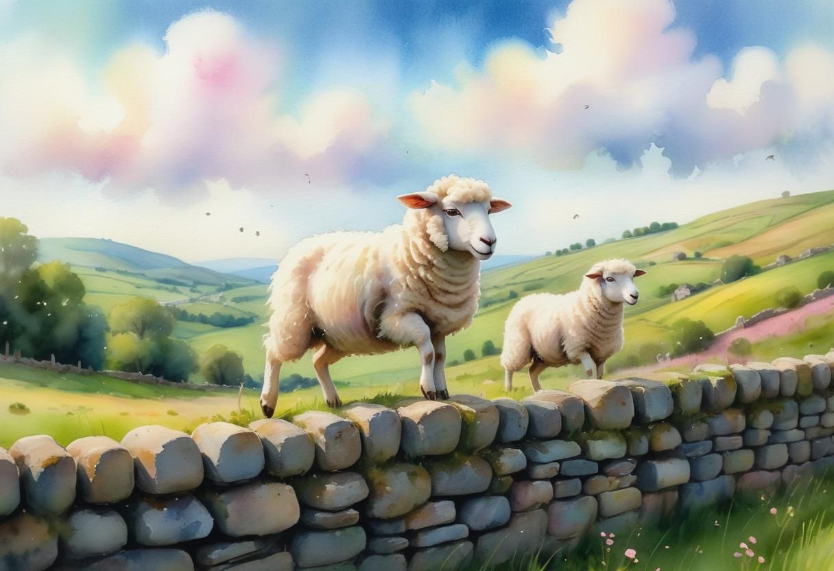 Dreamy Watercolor Sheep Leaping Over Stone Wall