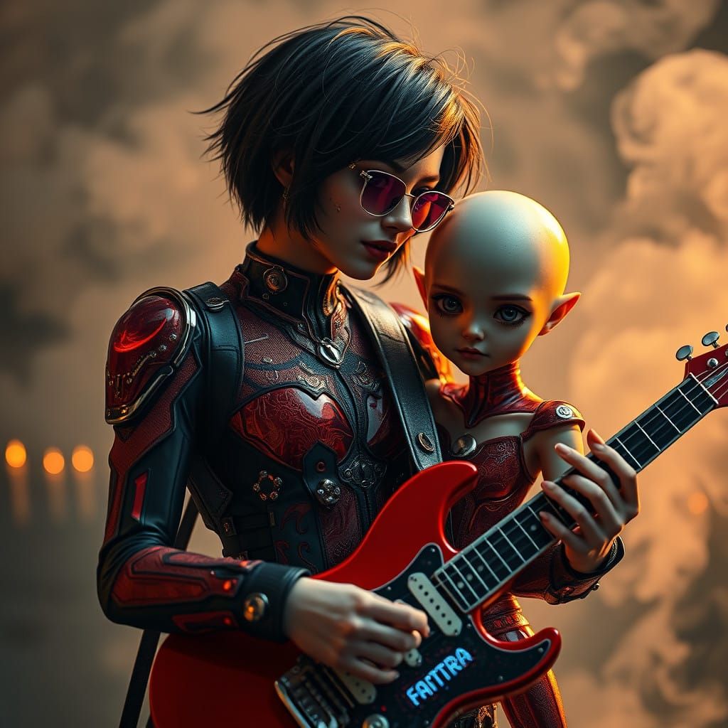 Cyberpunk Siren in Red and Black Armor, with Guitar and Alie...