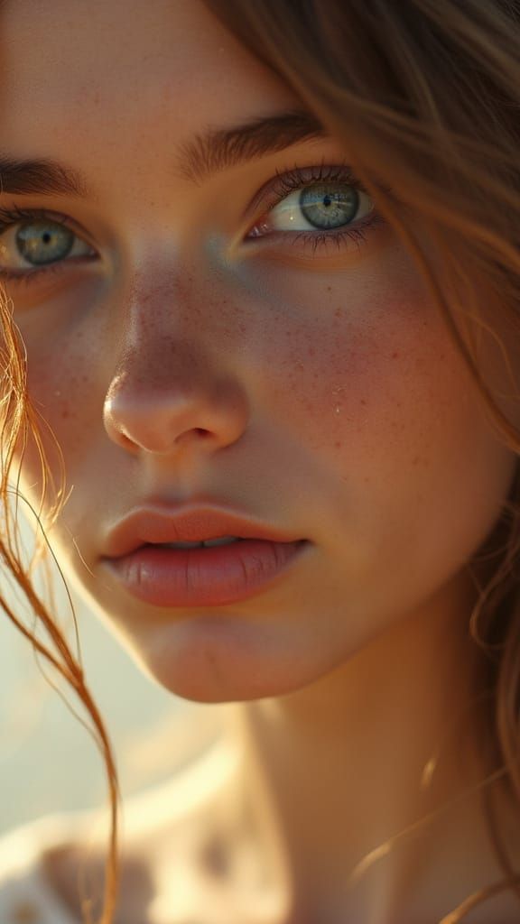 Hyper-Realistic Close-Up of a Young Woman with Sun-Kissed Ha...