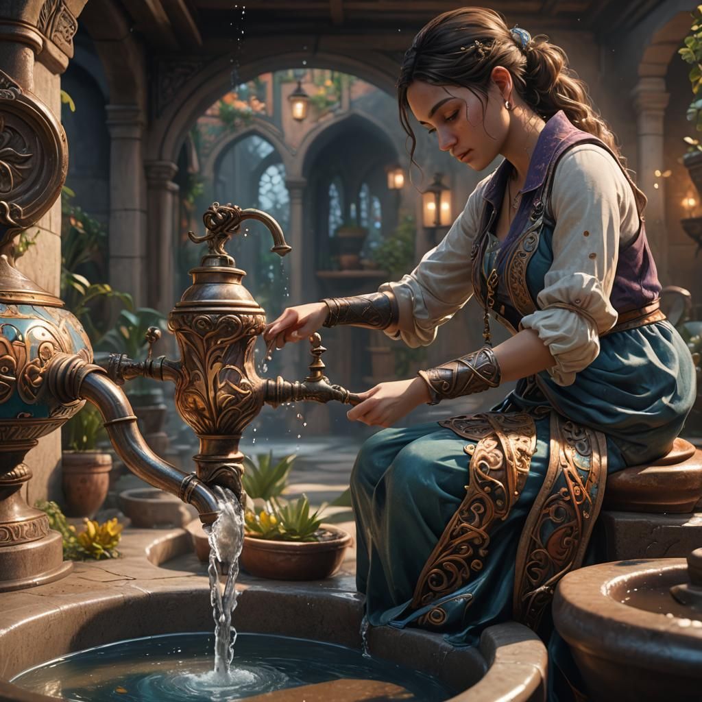 Girl Fills Pot with Water: Detailed Digital Art