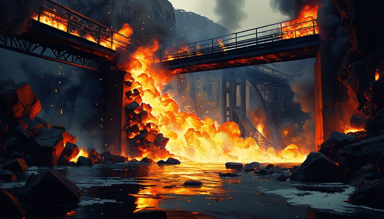Vibrant Bridge Engulfed in Inferno