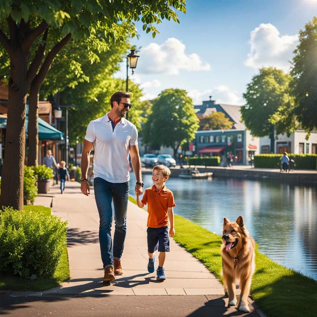 Father and Son Walking on Sunny City Street