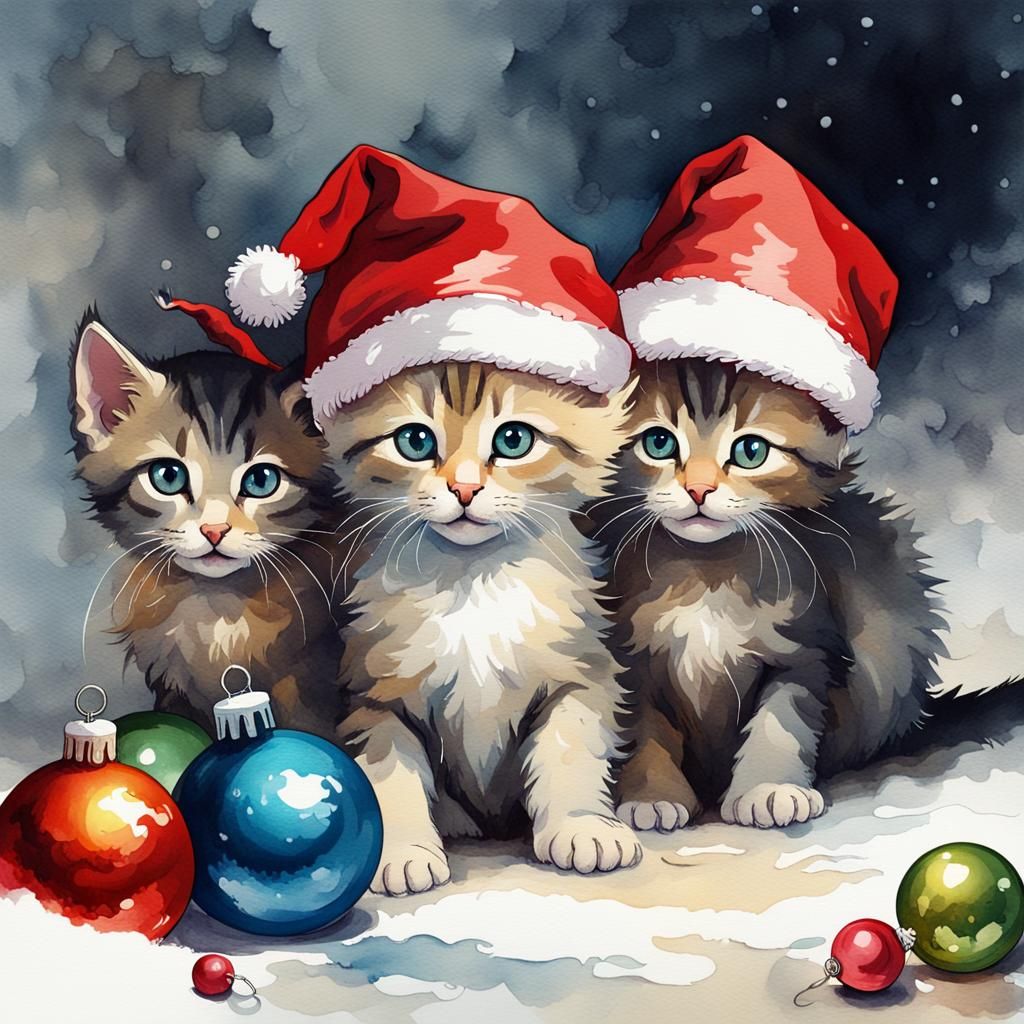 Festive Kittens Celebrate Christmas: A Watercolour Painting